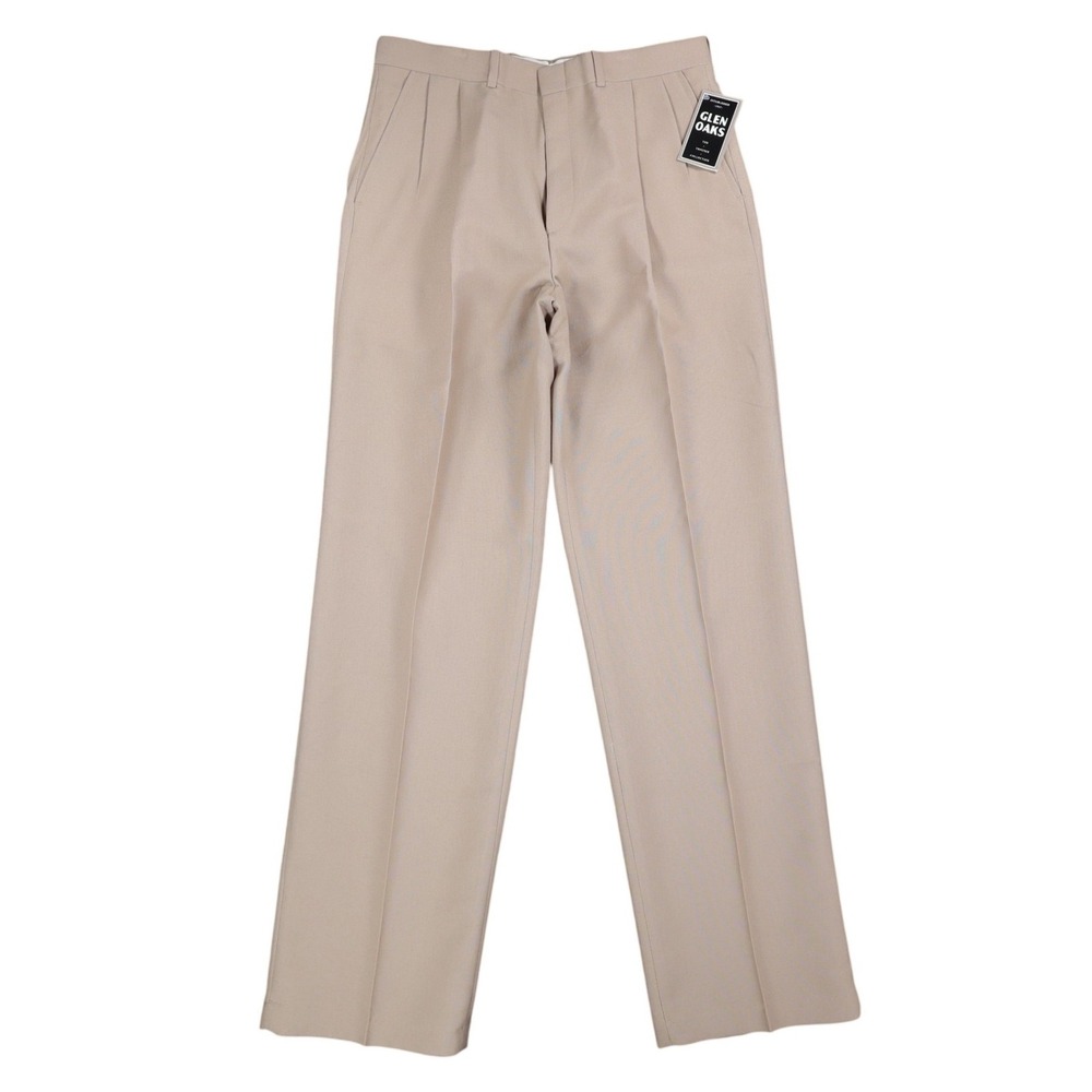 Glen Oaks Dress Pants Mens 34 Vintage 70s Tan Pleated Deadstock Polyester Slacks